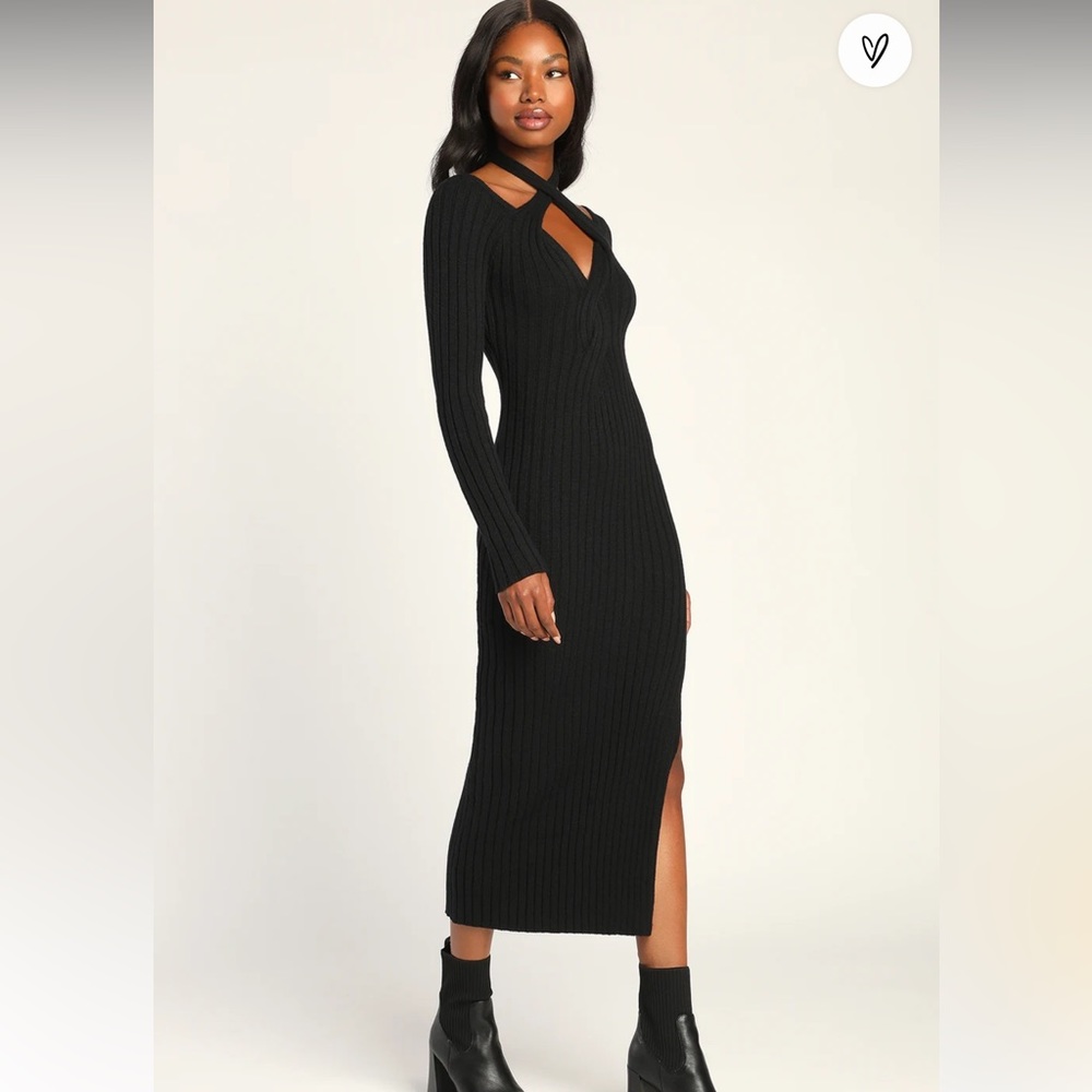 Trend Forecast Black Ribbed Long Sleeve Halter Sweater Dress